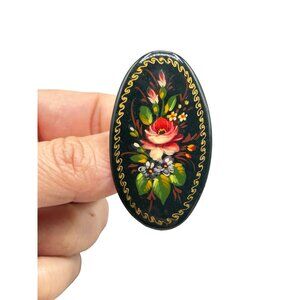 Russian Lacquered Pin Brooch Hand Painted Black Floral Design Oval Shaped Signed